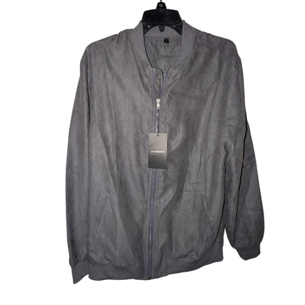 Fashion Gray Faux Suede Bomber Jacket Full Zip Ribbed Trim Womens‎ Small